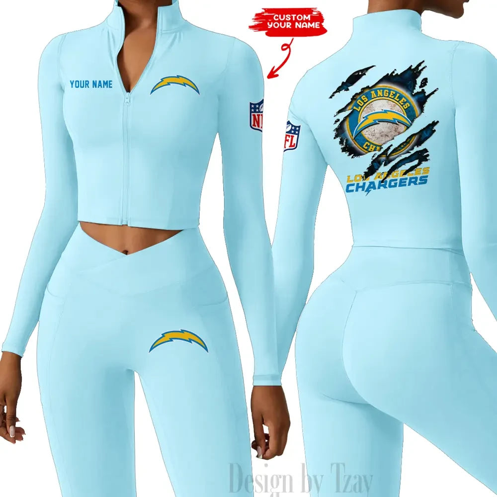 Los Angeles Chargers Women Activewear Set 2 Piece Crop Jacket and High Waist Leggings SPTZSTW248