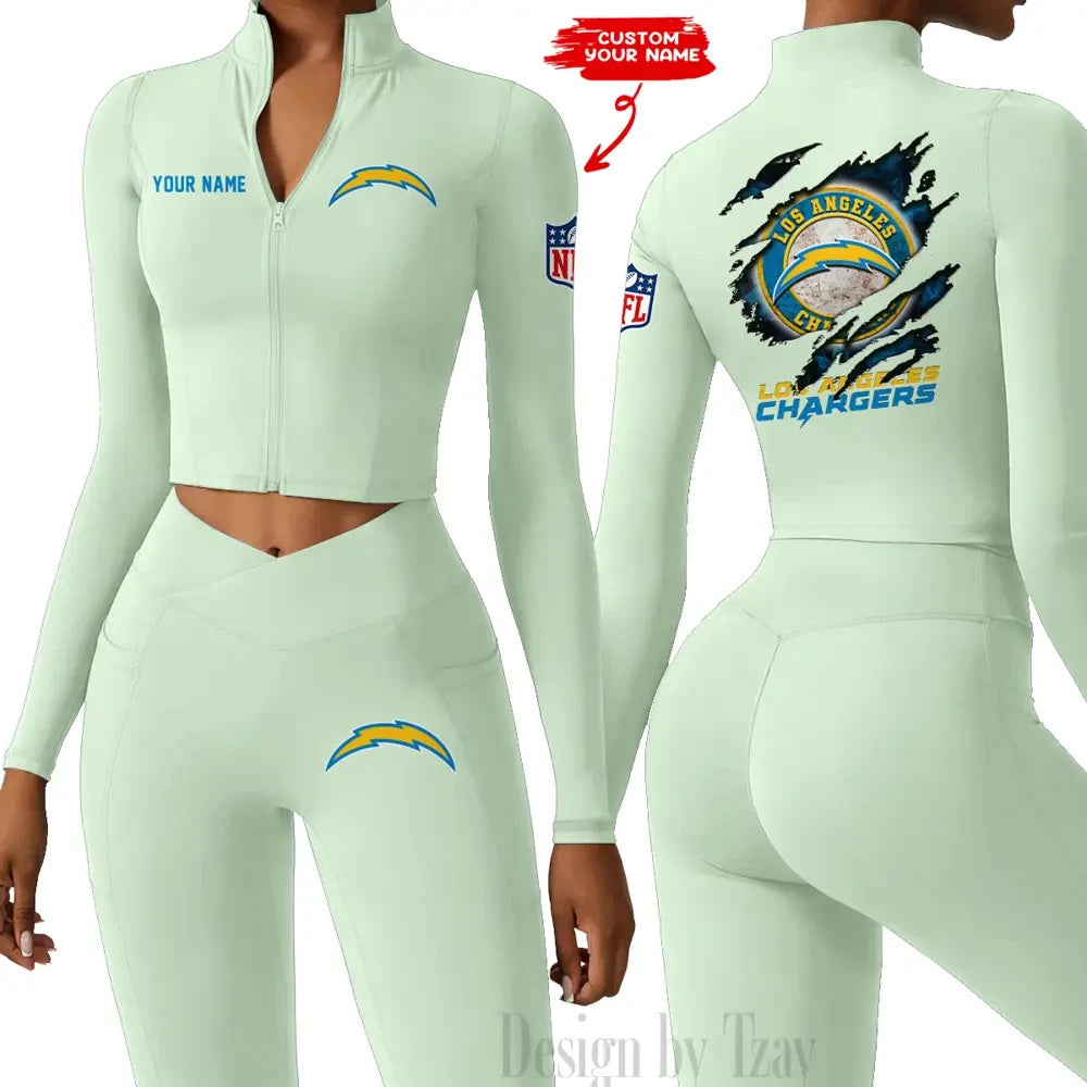 Los Angeles Chargers Women Activewear Set 2 Piece Crop Jacket and High Waist Leggings SPTZSTW248
