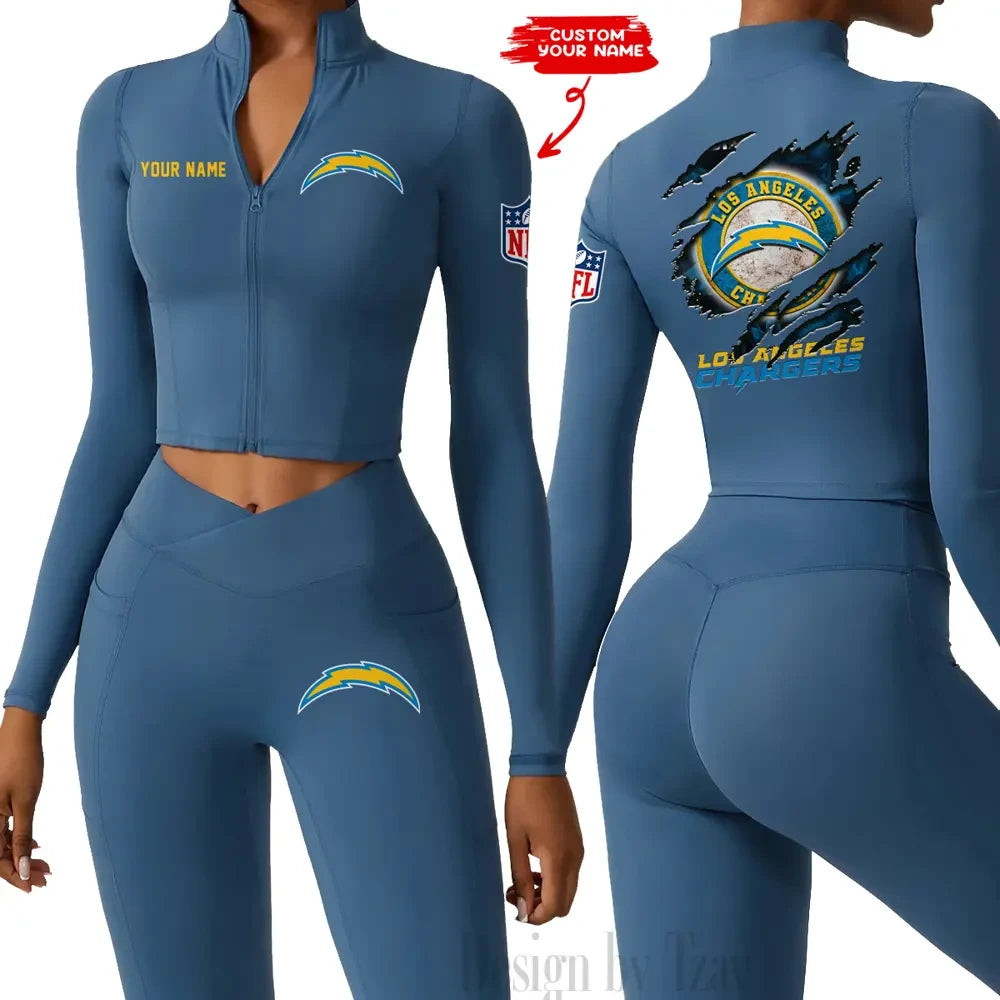 Los Angeles Chargers Women Activewear Set 2 Piece Crop Jacket and High Waist Leggings SPTZSTW248