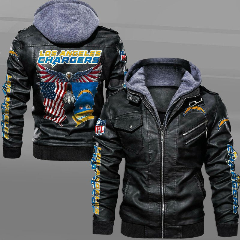 Los Angeles Chargers HVKC7228 - Premium & Ultra-Thick Leather Jacket with Fleece Hood