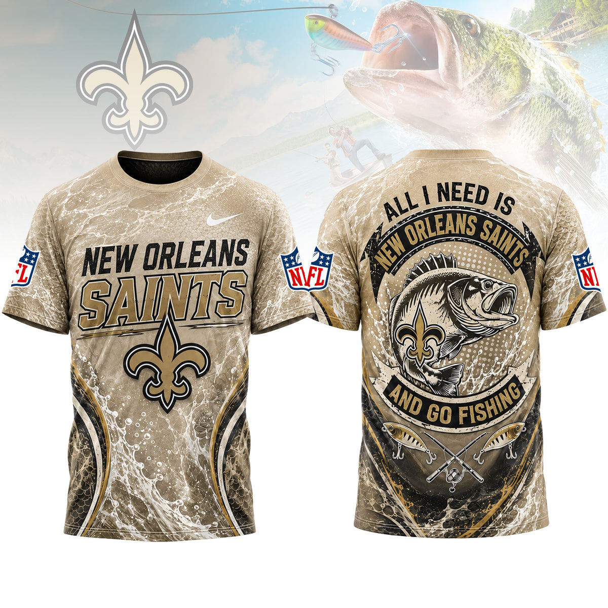 New Orleans Saints | Premium NFL Fishing Splash 3D Shirt NY