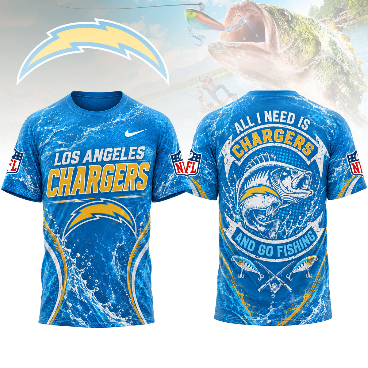 Los Angeles Chargers | Premium NFL Fishing Splash 3D Shirt NY